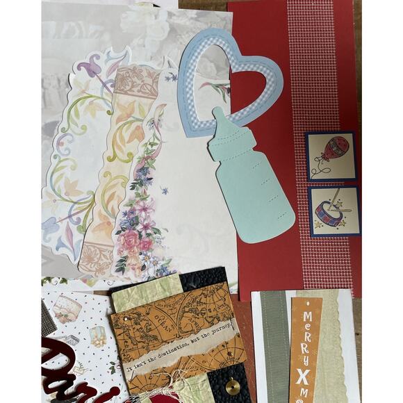 Lot 75 Journaling Scrapbooking Stickers Die Cuts Brads Eyelets Ribbon Flowers - Picture 2 of 9
